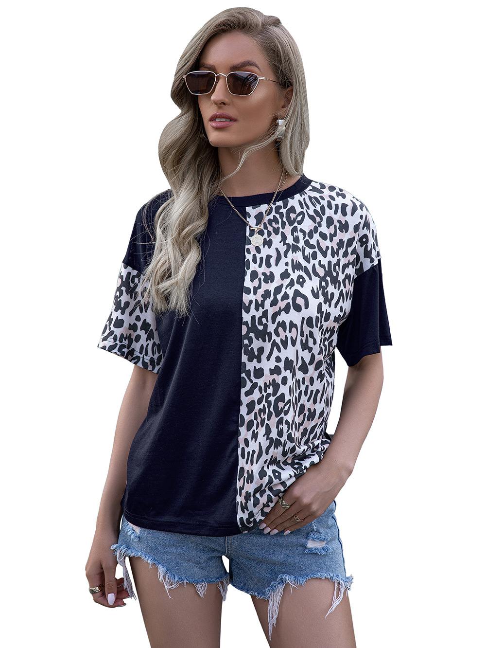 Title 20, Leopard Print Stitching Crew Neck Short Sleeve ...