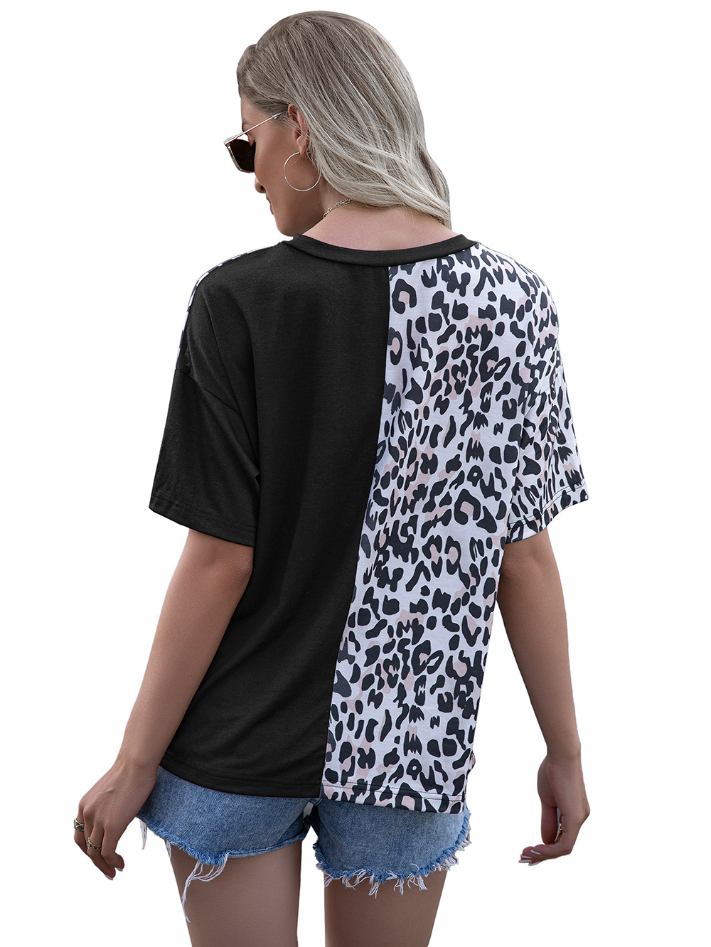 Title 23, Leopard Print Stitching Crew Neck Short Sleeve ...