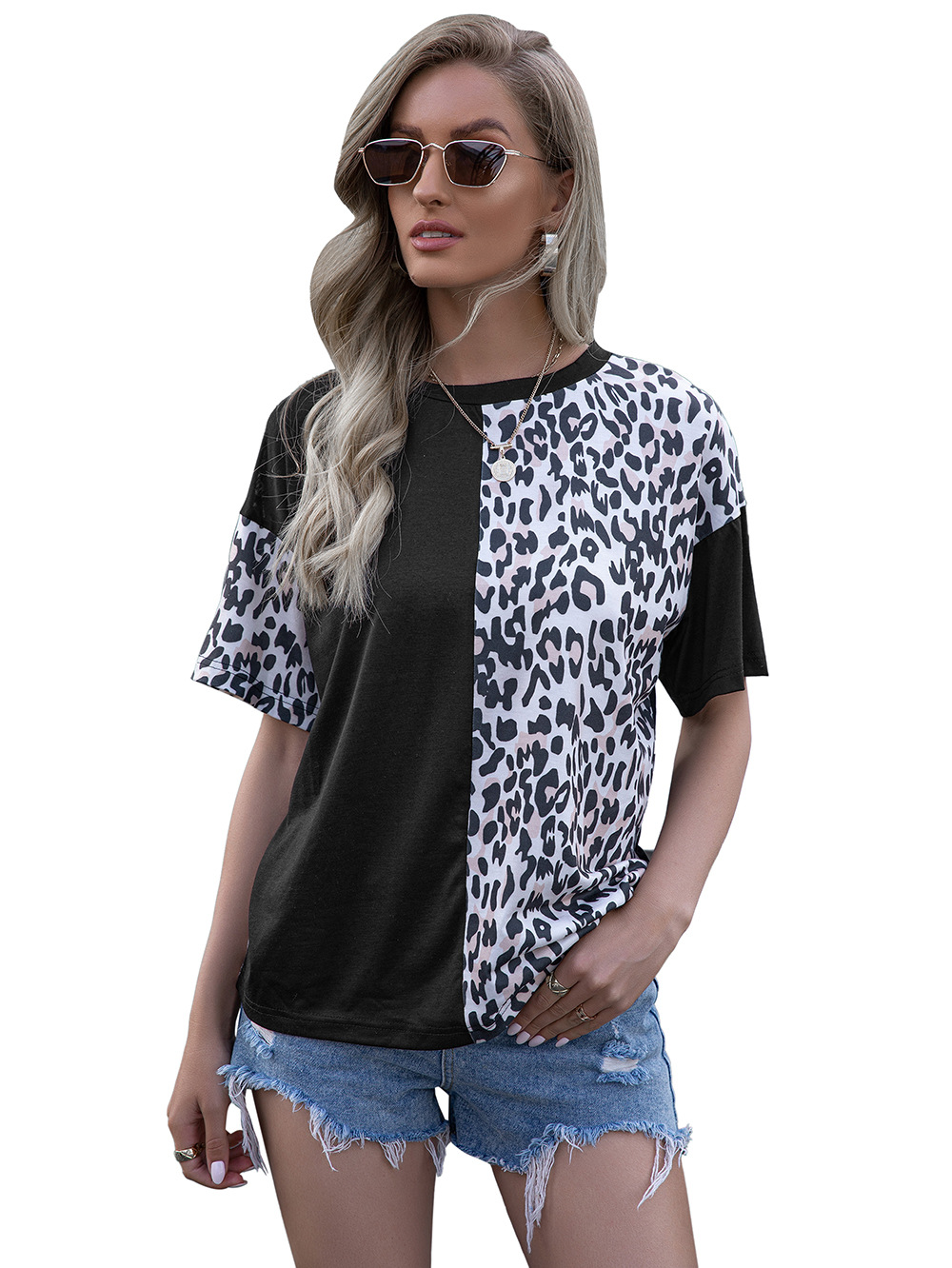 Title 25, Leopard Print Stitching Crew Neck Short Sleeve ...