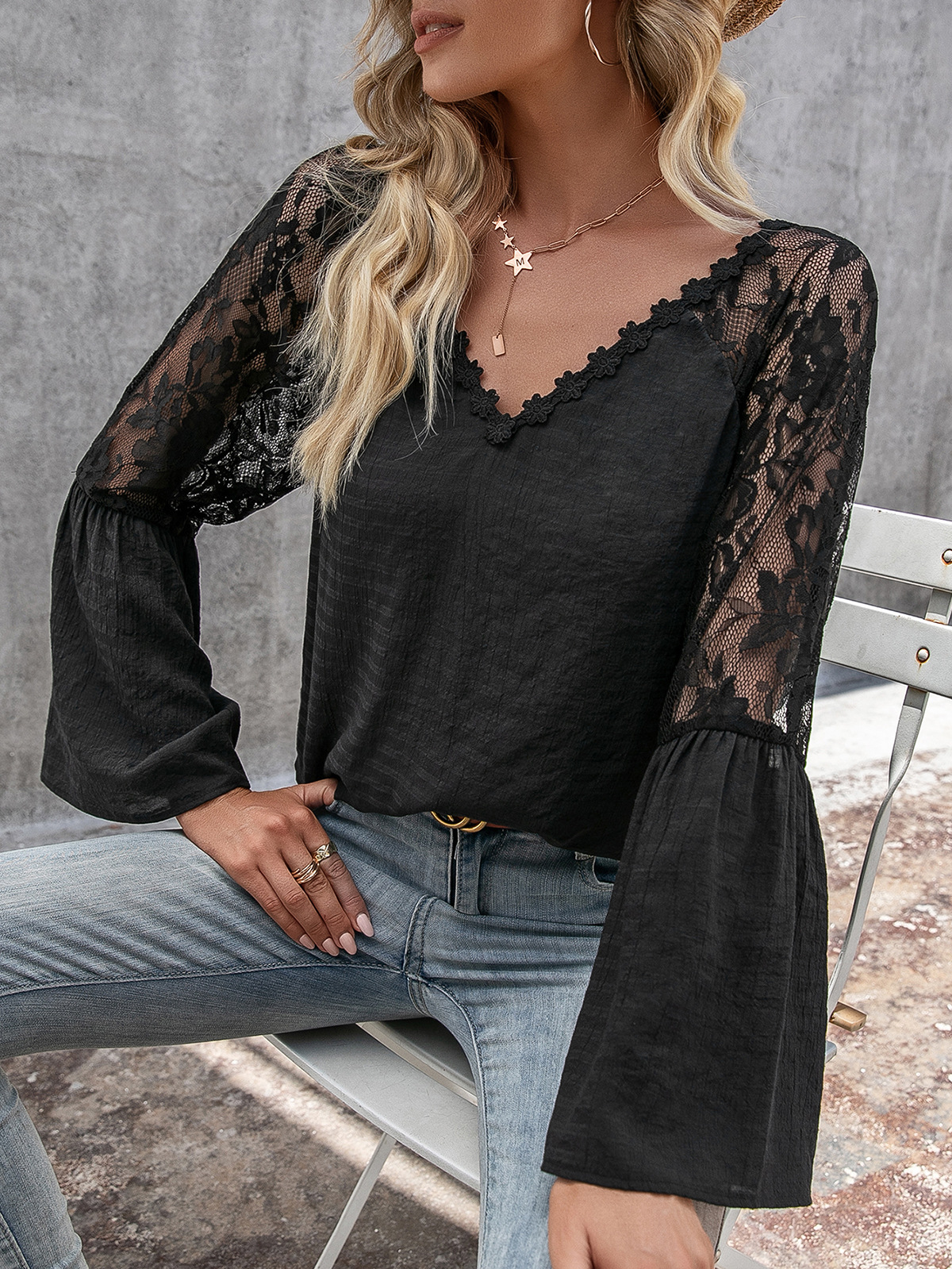 Title 7, Solid Color Stitching Lace Lace Hollow V-neck L...