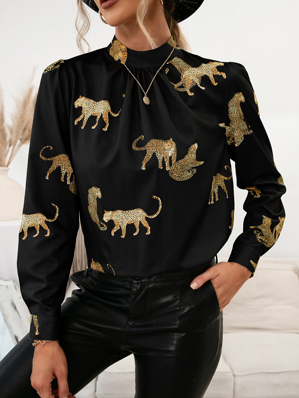 Title 13, Leopard Print Long Sleeve Pullover Shirt Top Women