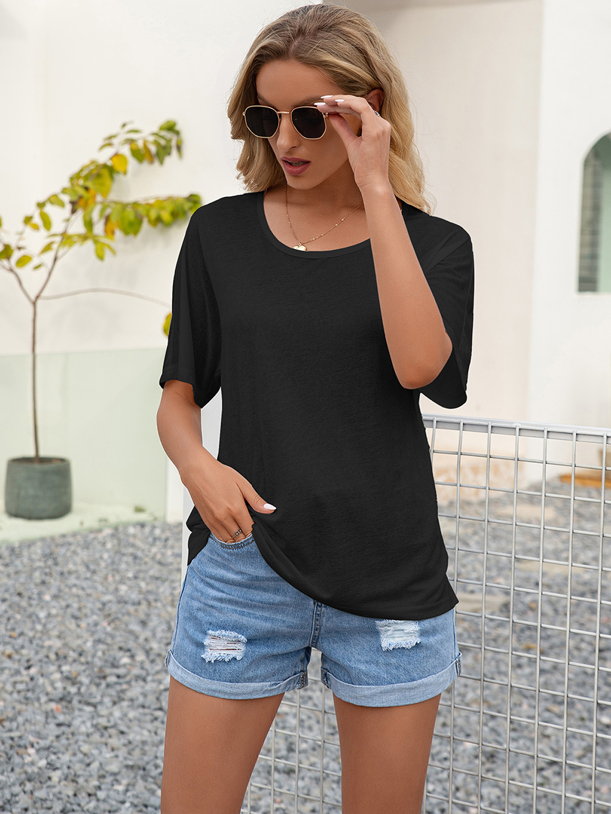 Title 10, Hollow Lace Stitching Round Neck Short Sleeve T...