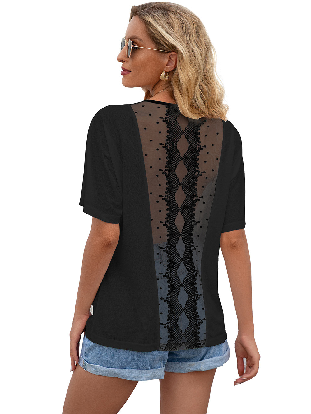 Title 23, Hollow Lace Stitching Round Neck Short Sleeve T...