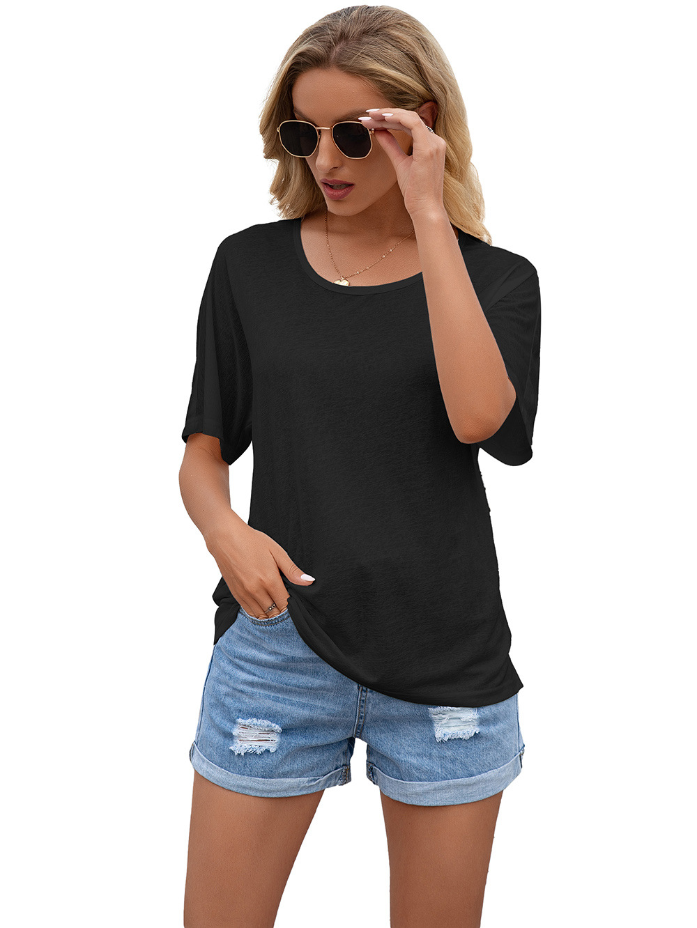 Title 25, Hollow Lace Stitching Round Neck Short Sleeve T...