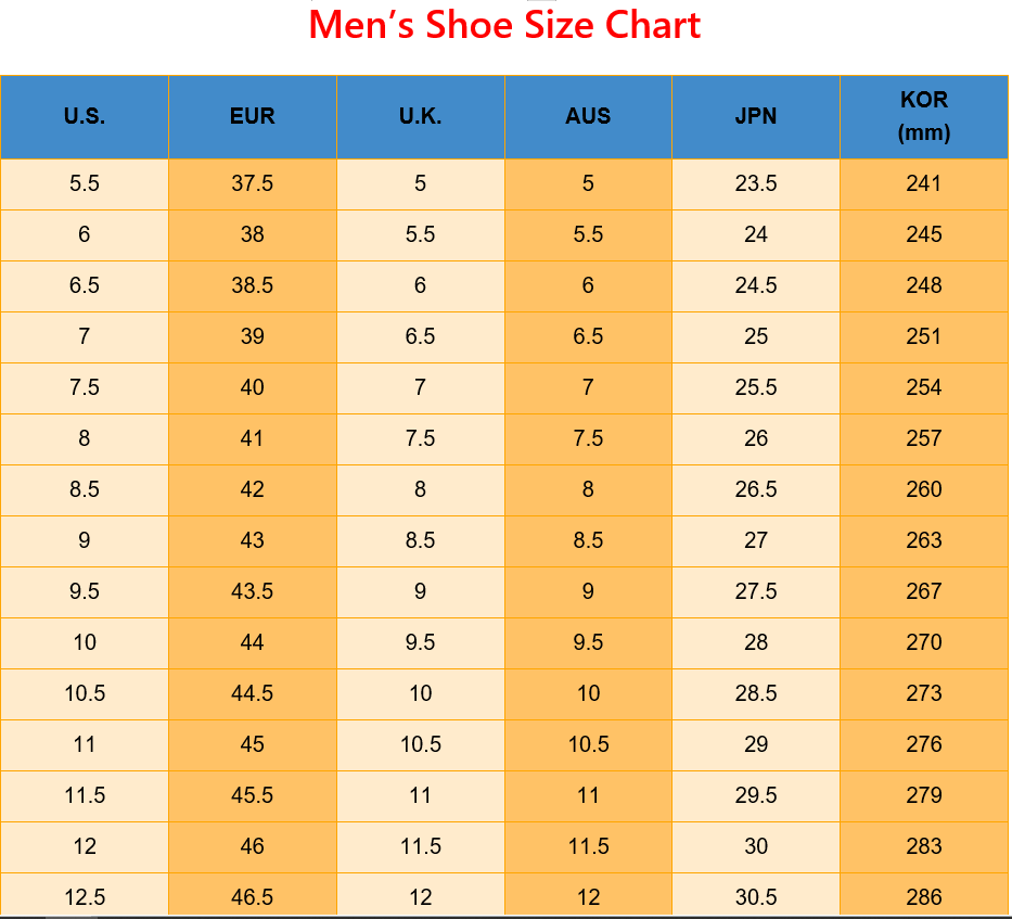 Tableau de conversion des tailles de chaussures internationales pour hommes pour les tailles de chaussures US, EUR, UK, AUS, JP, KOR et UK.