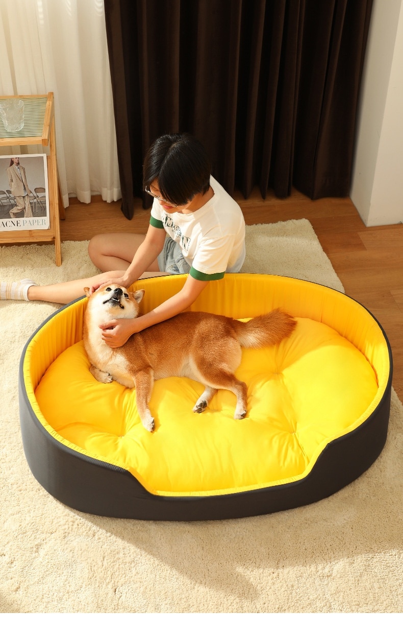 Harvey's-Choice Dog Bed: The raised edge provides security and support, while the super-soft filling relieves joint pain. Anti-slip bottom for stability. Available in yellow-black or avocado green. Give your pet a comfortable place to sleep!