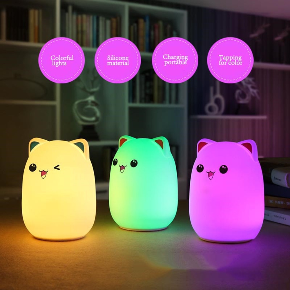 Colorful LED Night Light Lovely Silicone Cartoon Bear Rechargeable Touch Desk Bedroom Decor Tablet Lamp for Kids Girl (10)