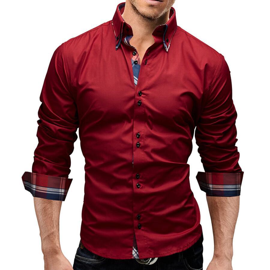 Men Lapel Collar Contrast Plaid Print Hem Solid Shirt