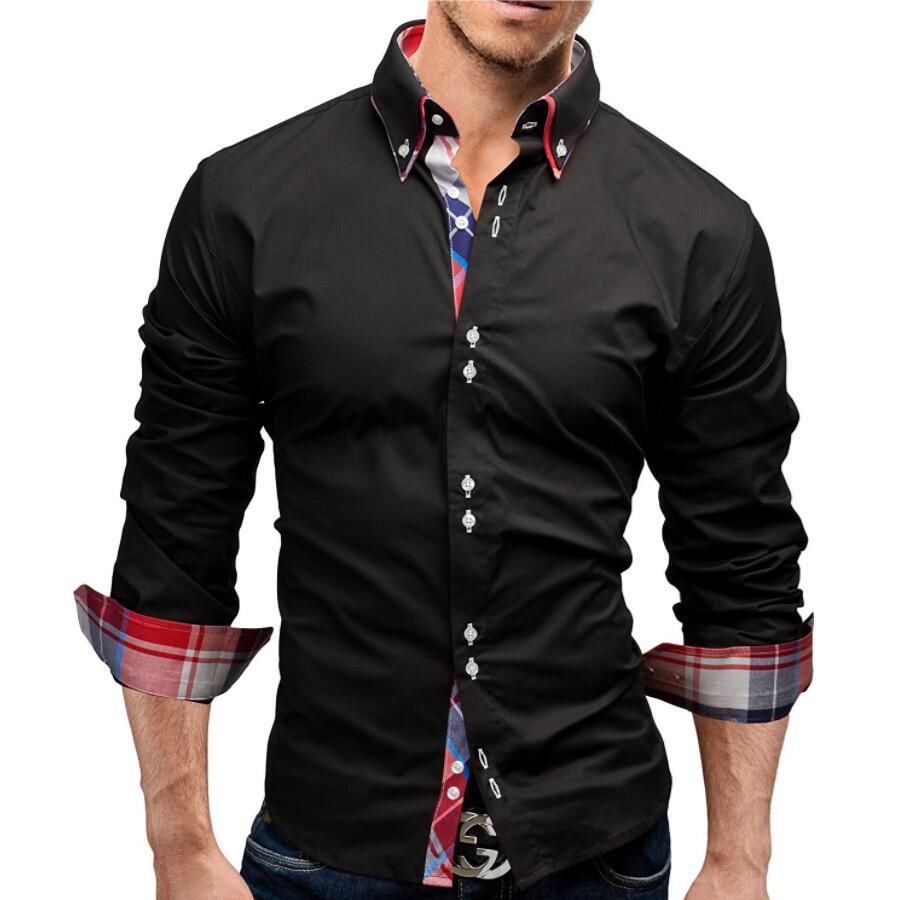 Men Lapel Collar Contrast Plaid Print Hem Solid Shirt