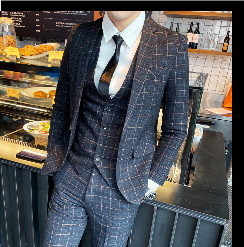 Men Plaid Print Single Breasted Blazer & Waistcoat & Suit Pants