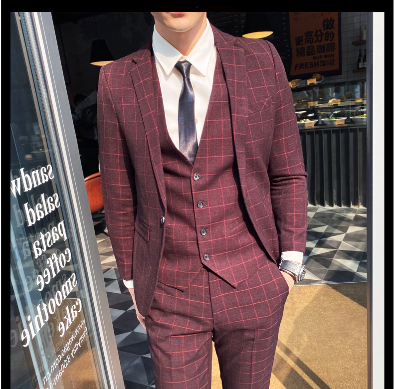 Men Plaid Print Single Breasted Blazer & Waistcoat & Suit Pants
