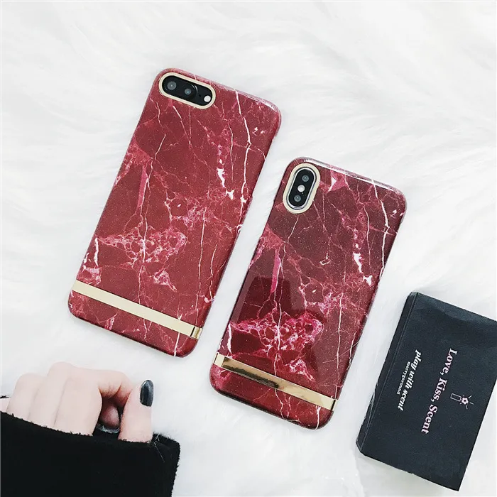 Tendance Rétro Vintage Rouge étui en marbre pour iPhone 8, étui en marbre pour iPhone X couverture