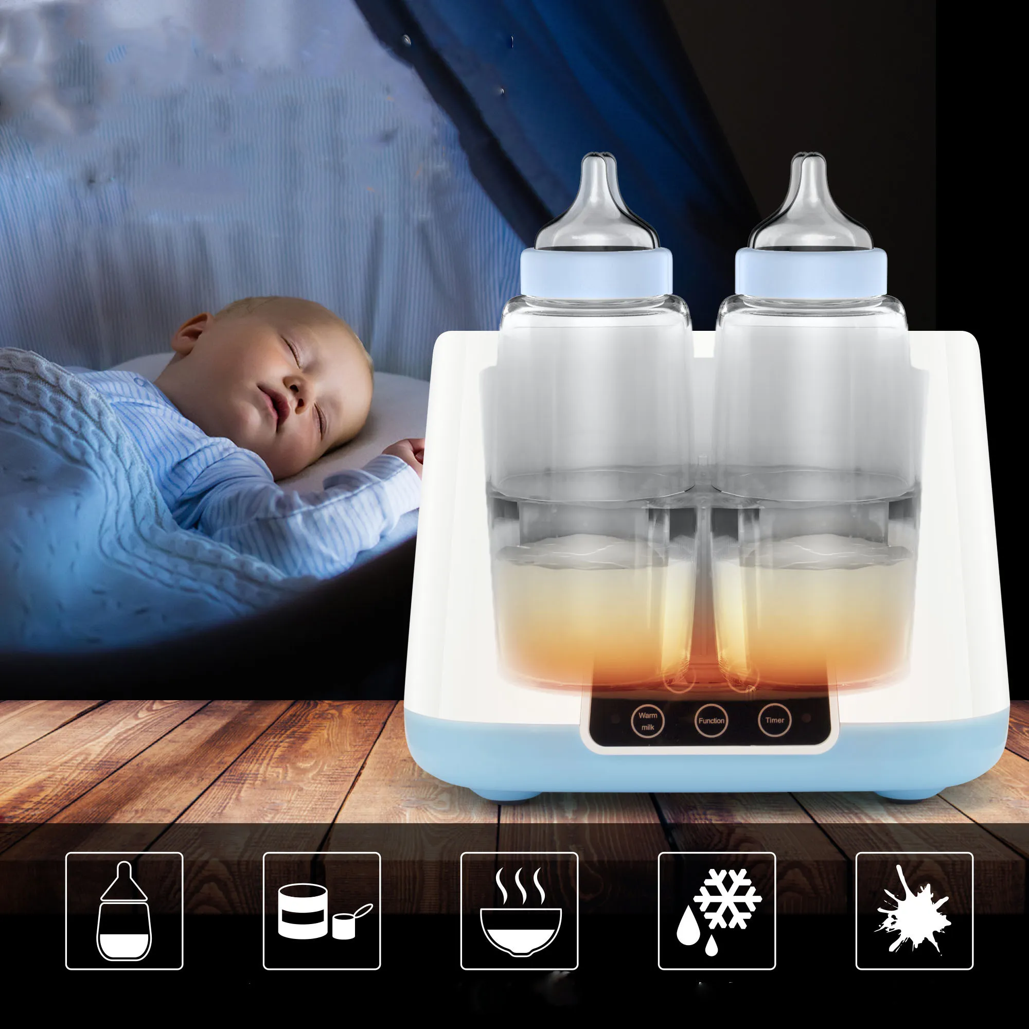 Multifunctionele automatische babyvoedingverwarmingsverwarmer met dubbele fles