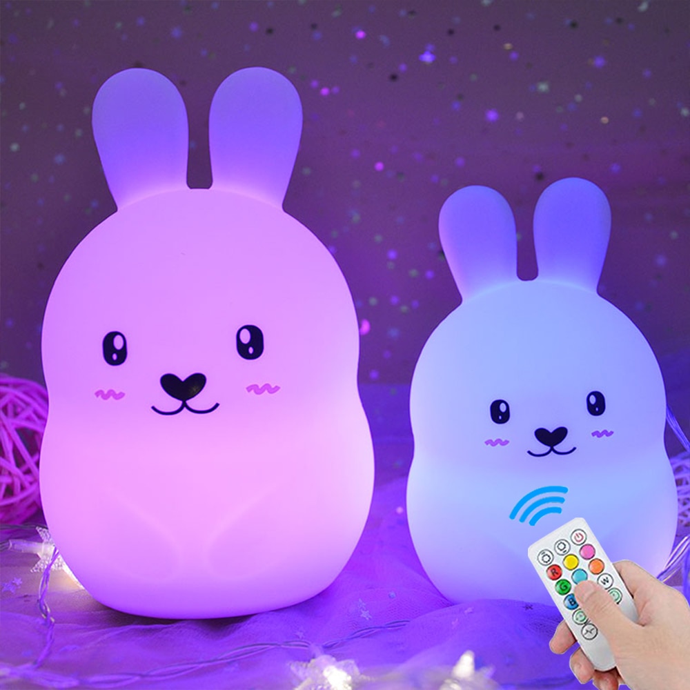 Dessin animé lapin LED veilleuse capteur tactile 9 couleurs télécommande synchronisation USB charge Silicone lapin lampe de chevet pour les enfants