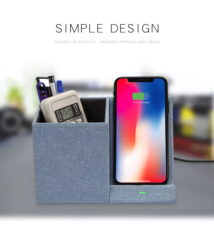2019 New Design PU Wireless Charger with Pen Holders, 10W Qi PU Fabric OEM Wireless Charger Stand
