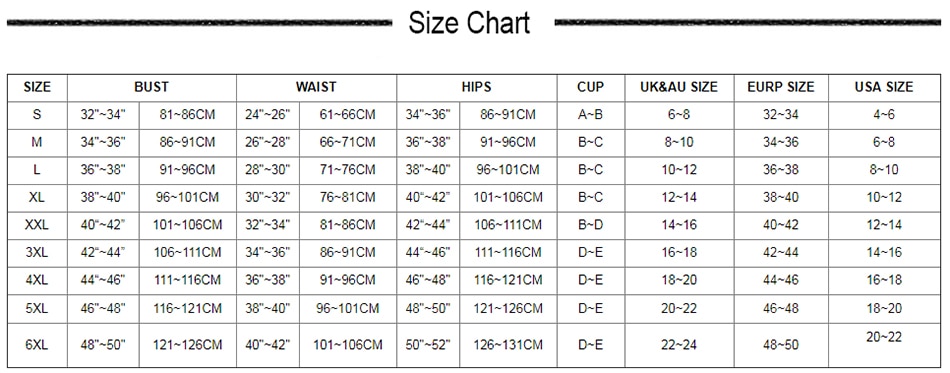 size chart one piece