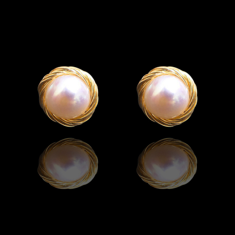 韩版创意14k注金手工绕线8-9mm淡水珍珠耳钉