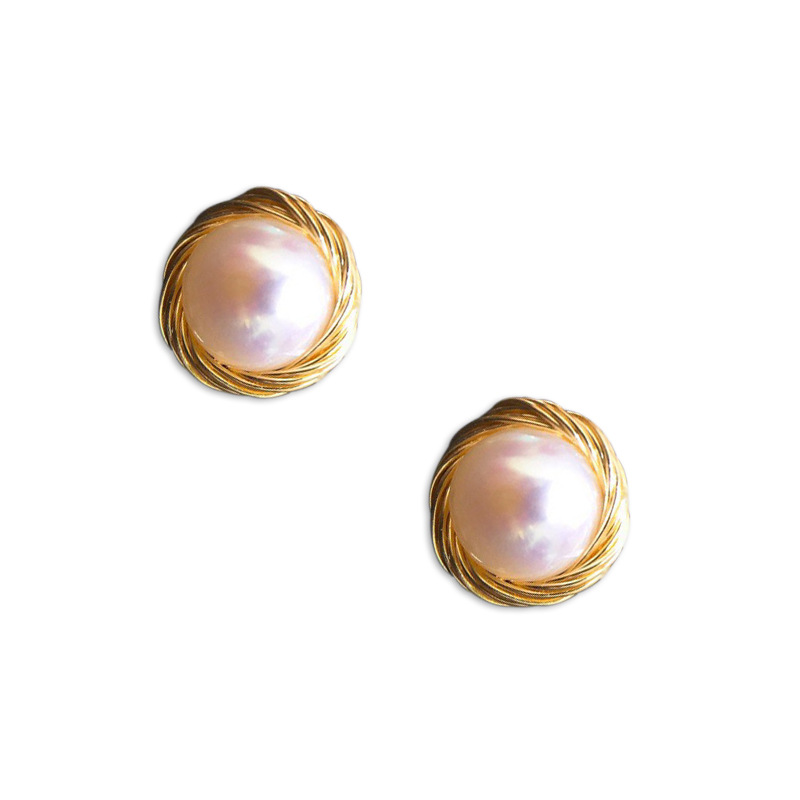 韩版创意14k注金手工绕线8-9mm淡水珍珠耳钉