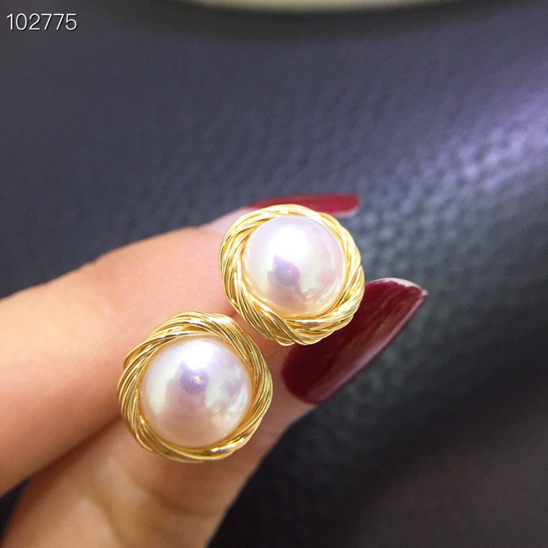 韩版创意14k注金手工绕线8-9mm淡水珍珠耳钉