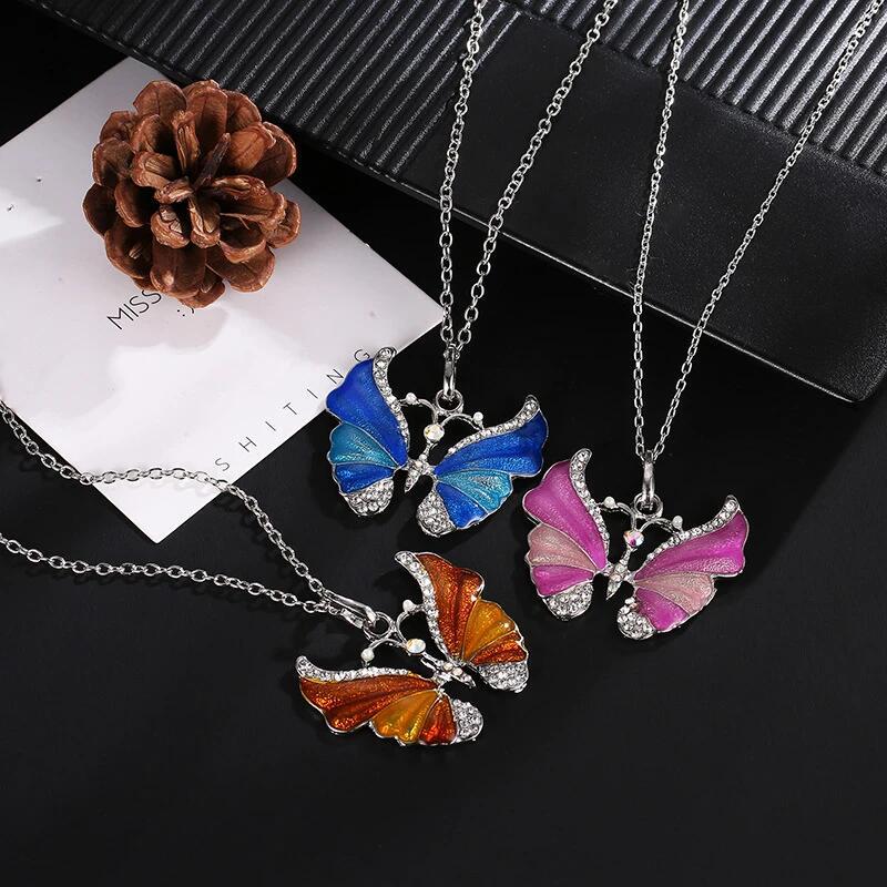 Unique Colorful Butterfly Pendant Stunning Silver Necklace for Her Blue, Purple, Yellow