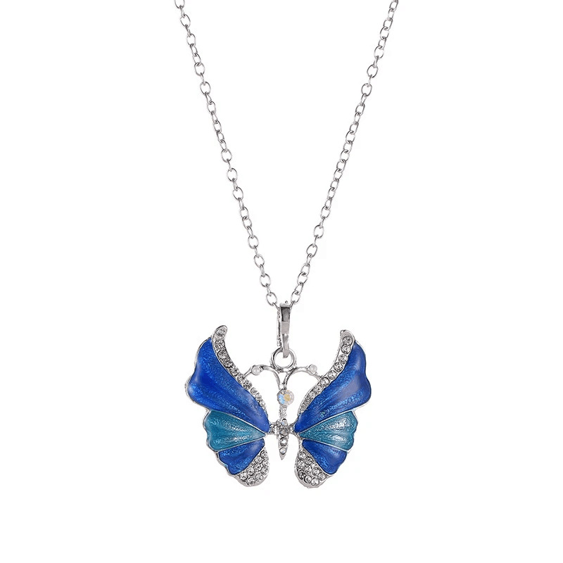 Unique Colorful Butterfly Pendant Stunning Silver Necklace for Her Blue