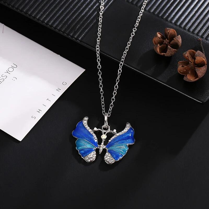 Unique Colorful Butterfly Pendant Stunning Silver Necklace for Her blue