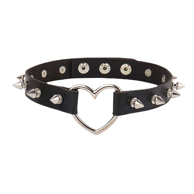 Punk Faux Leather Choker - Gothic Spiked Heart Necklace