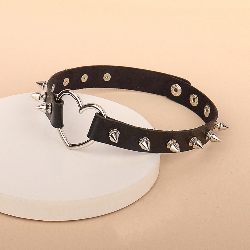 Punk Faux Leather Choker - Gothic Spiked Heart Necklace