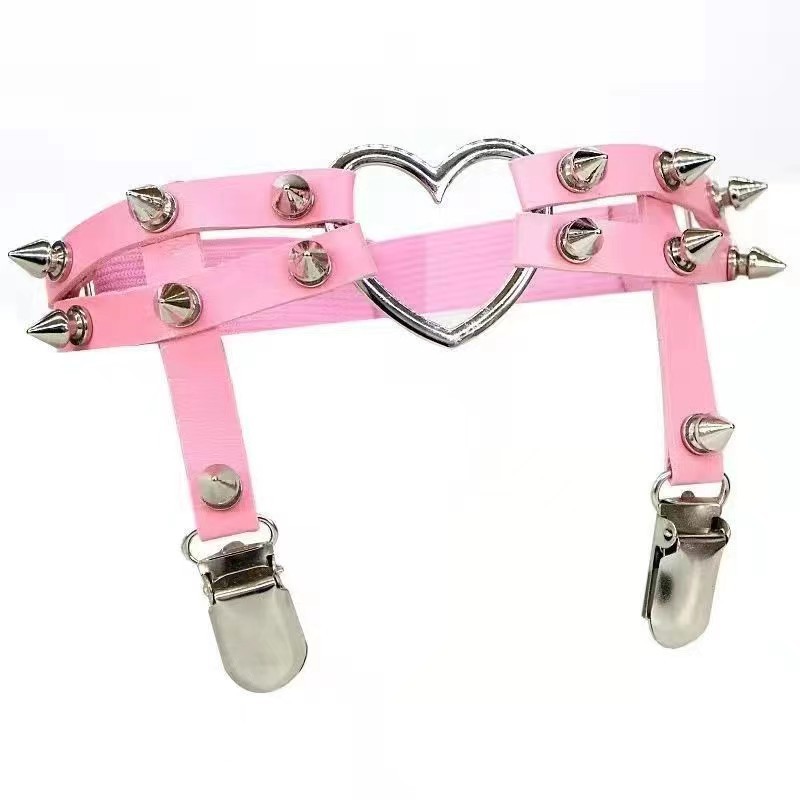 Punk Faux Leather Choker - Gothic Spiked Heart Necklace pink