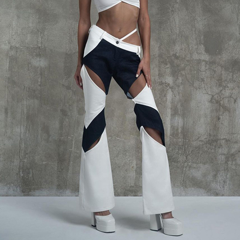 Low Rise Asymmetrical Two-tone Cutout Flare Pants