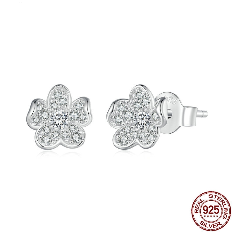 S925 Sterling Silver Flower Zircon Inlaid Stud Earrings