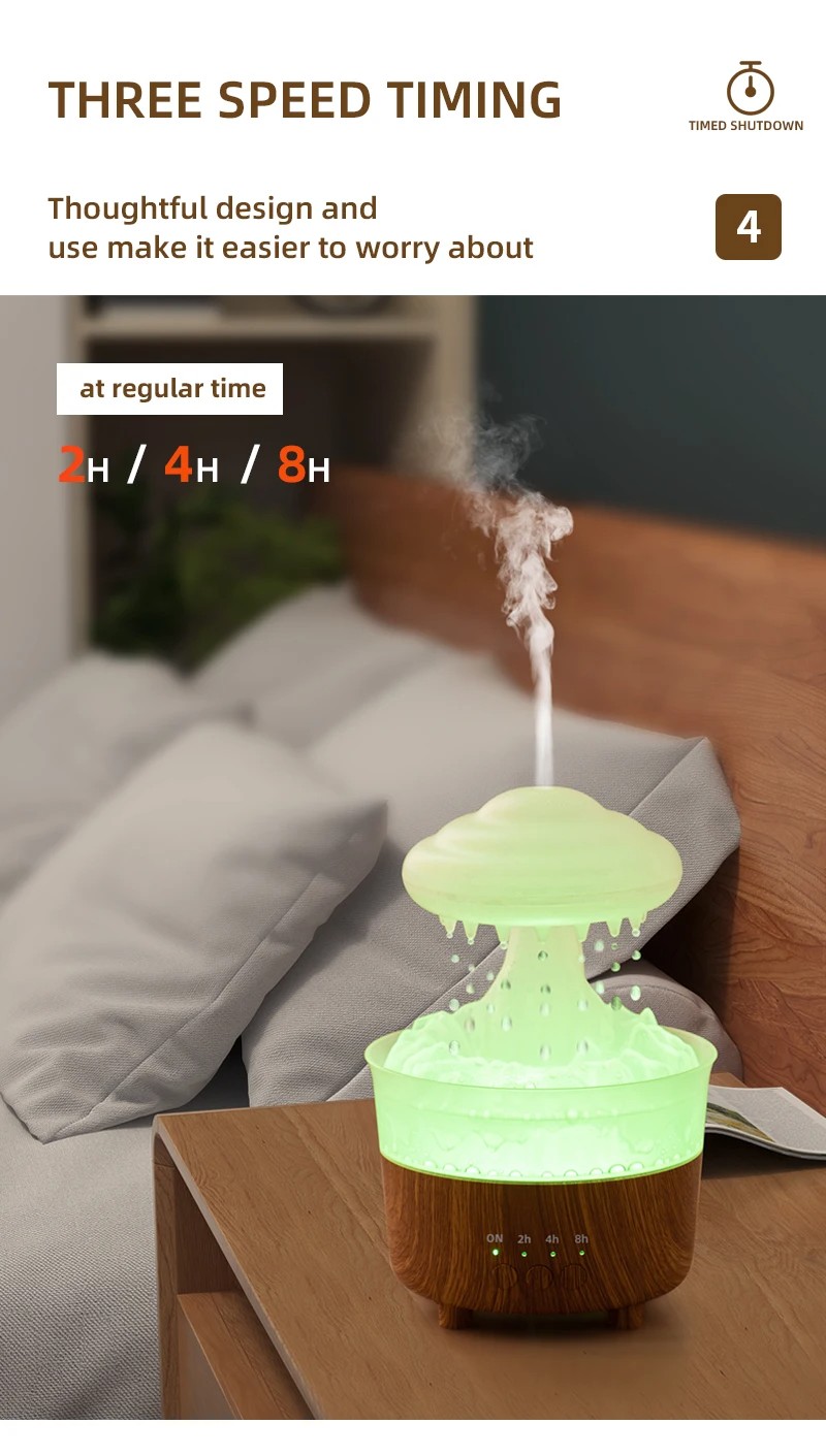 Humidifier With Raining Water Drop Sound And 7 Color Led Light Cloud Night Light Oil Diffuser Aromatherapy