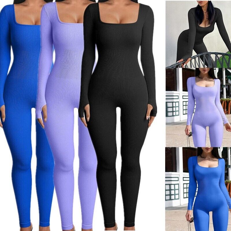 Women's Yoga Sports Fitness Jumpsuit Workout Long Sleeve Square Collar –  Eversal Cart