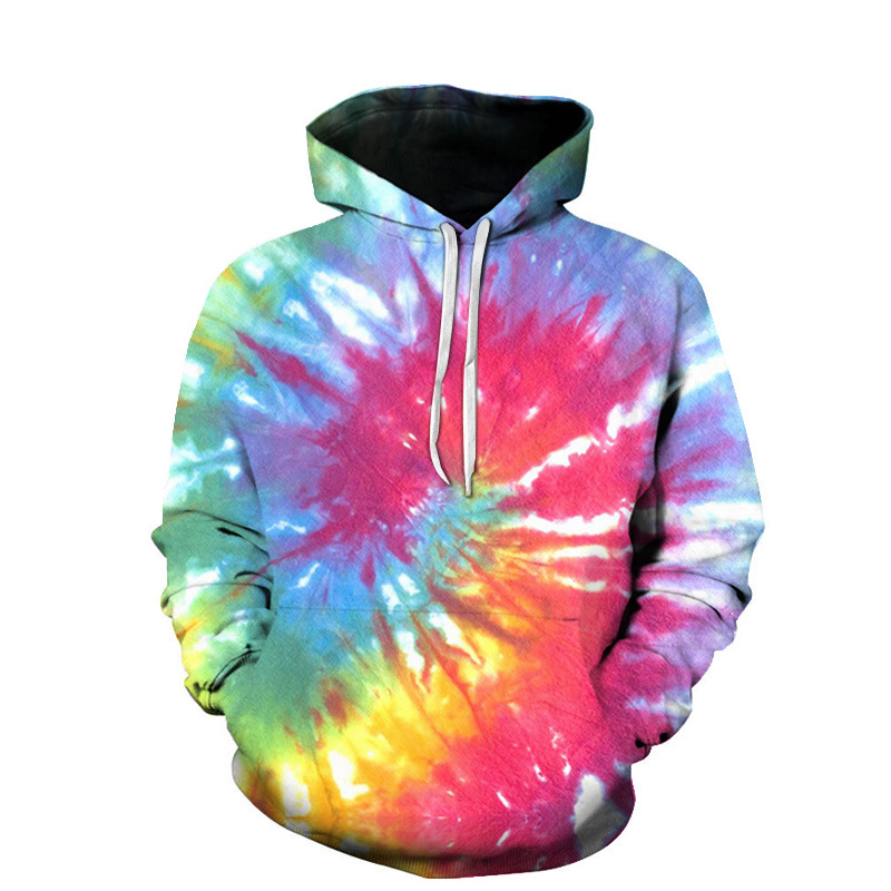 "Couple in matching 3D Rainbow printed hoodies, smiling."