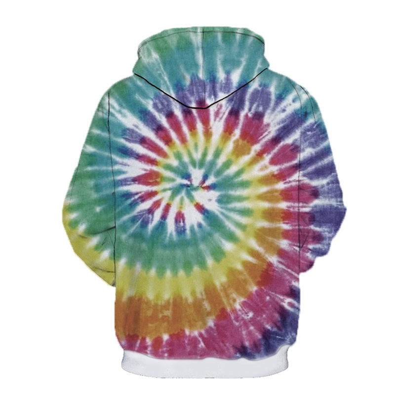 "Couple in matching 3D Tie dyed Rainbow printed hoodies, smiling."