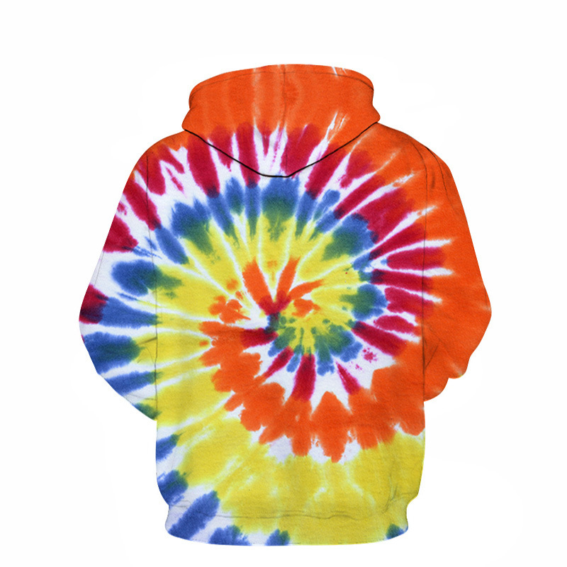 "Couple in matching 3D Tie dyed Rainbow printed hoodies, smiling."