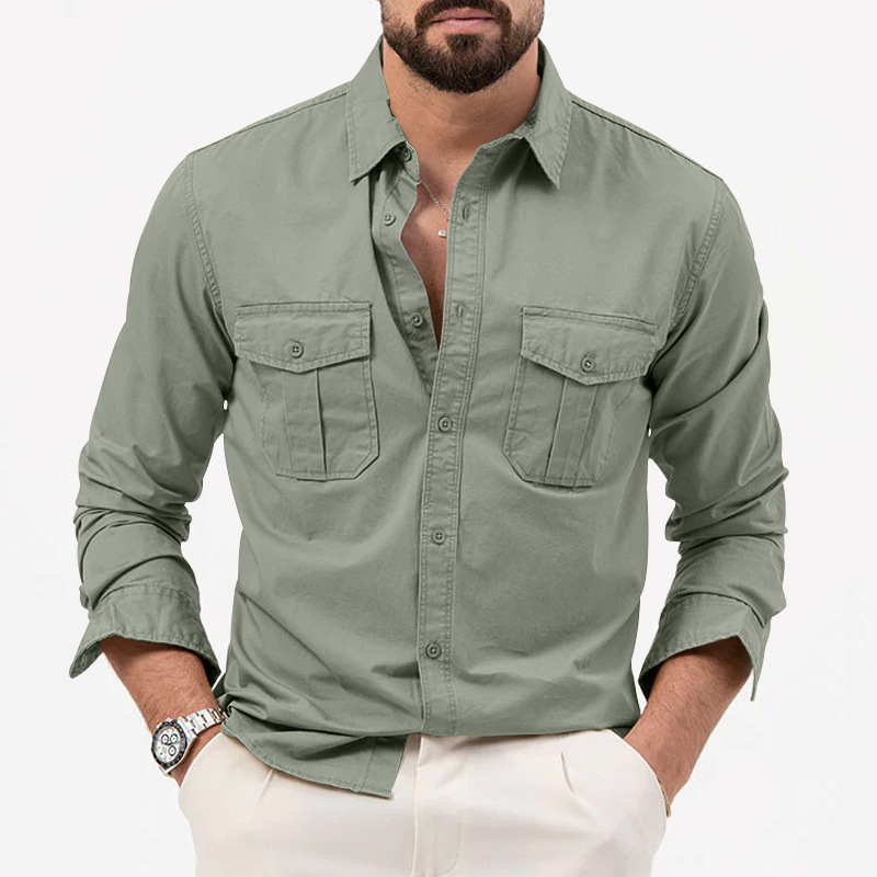 Men Lapel Collar Front Flap Pocket Long Sleeve Shirt