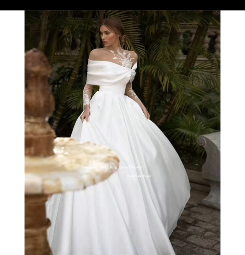 Raglan Long Sleeve White Satin Wedding Dress