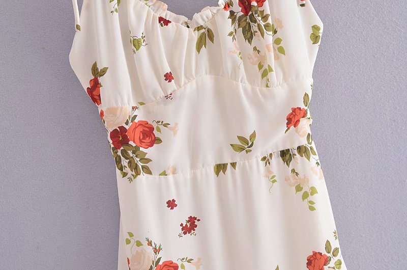 Floral Retro Printed V-neck Spaghetti Straps Dress