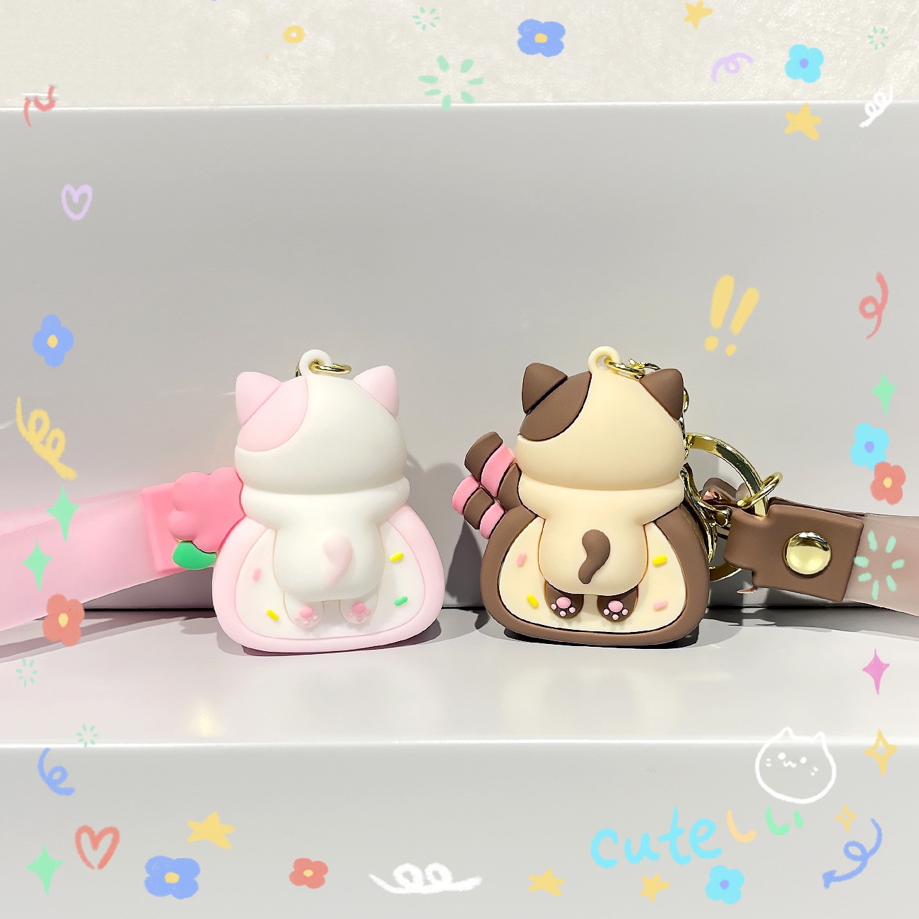 kawaii Cat Keychains Pink and Brown