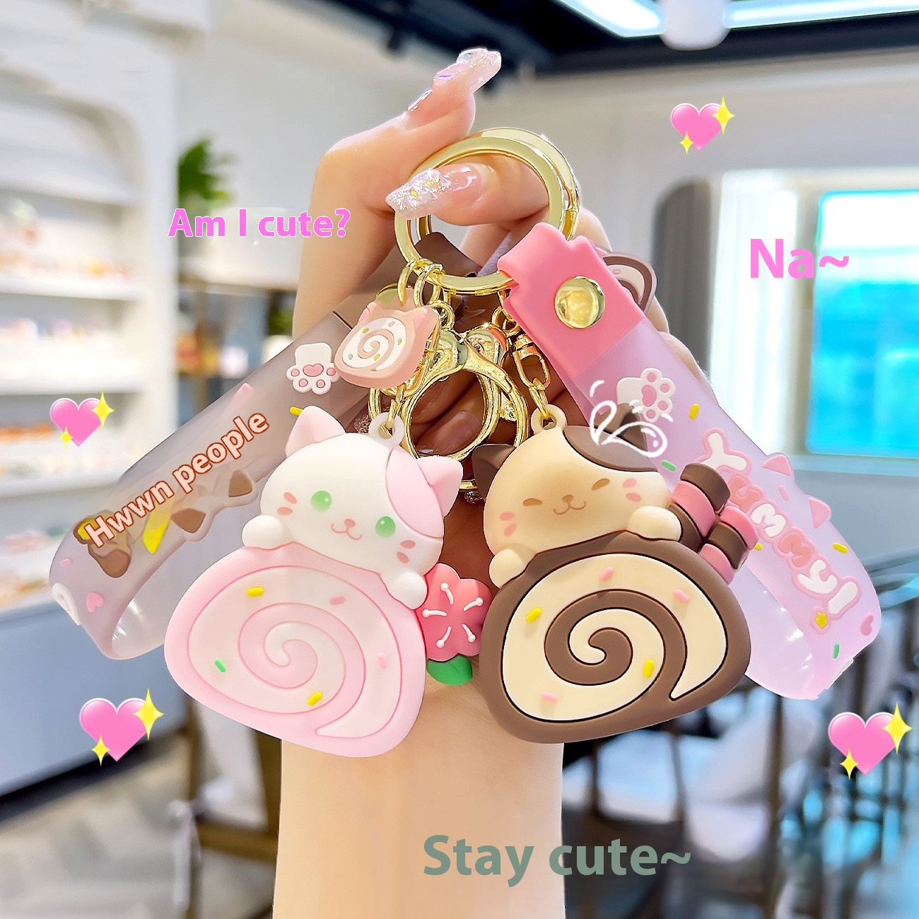 Cute Cat Keychains Pink Kawaii keyrings CakeyRoll™