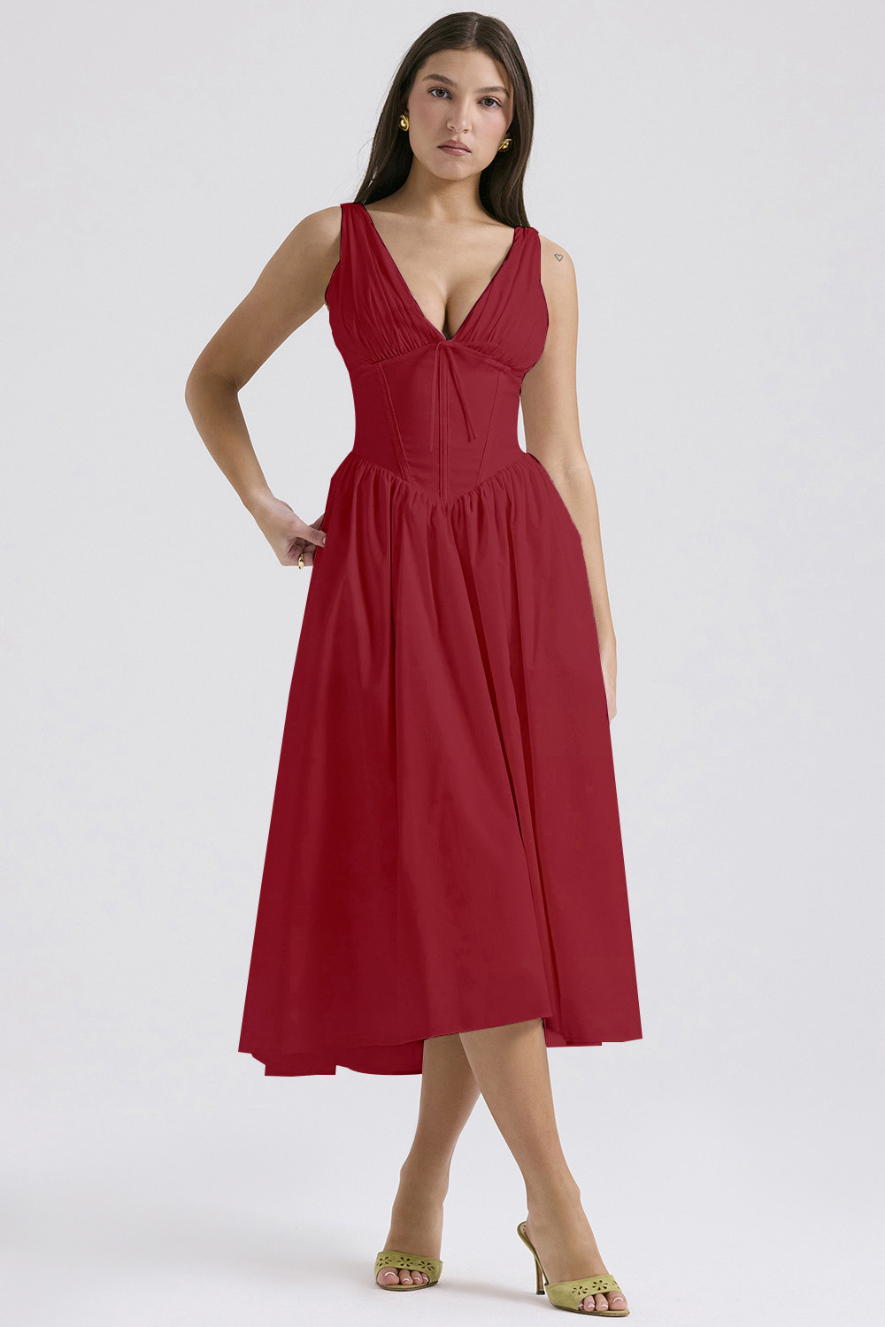 Plunging V-neck Cinched Waist Side Pocket Pleated A-line Bustier Dress