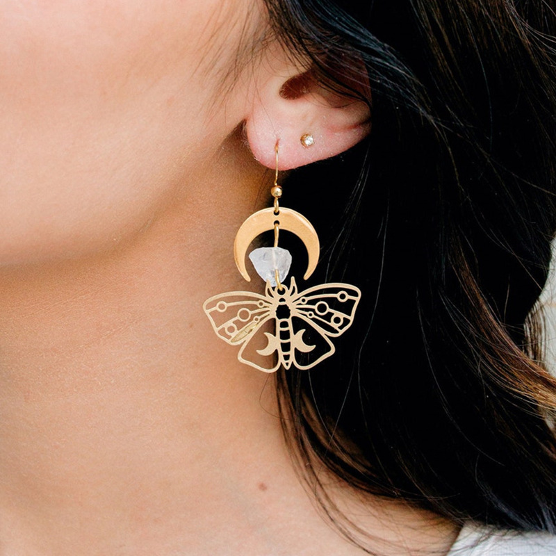 173ae4ed c781 4348 80a7 7c067e39a6d7 Women's Fashion Gold Plated Moth Moon Drop Earrings