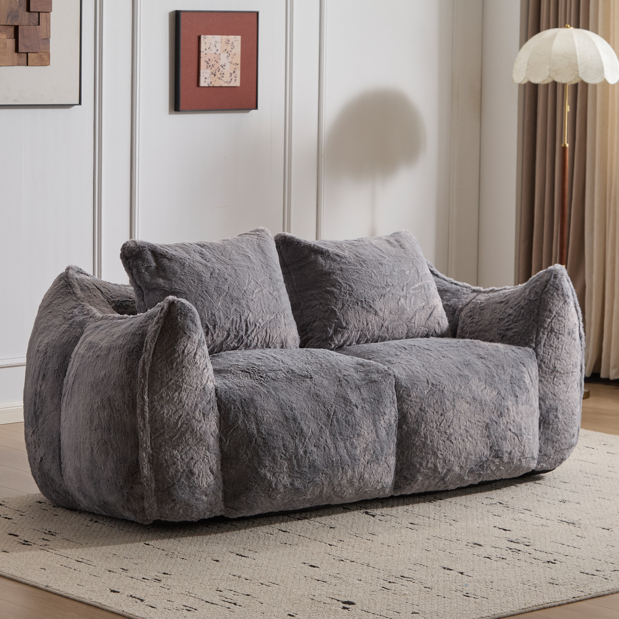 Giant Bean Bag Couch For Adults, Ultra Soft Fluffy Loveseat Bean Bag Sofa, Oversized Chase Lounge Chair Indoor For Living Room Bedroom, No Assembly Required Cozy Reading Chair With Pillows, Grey Grey