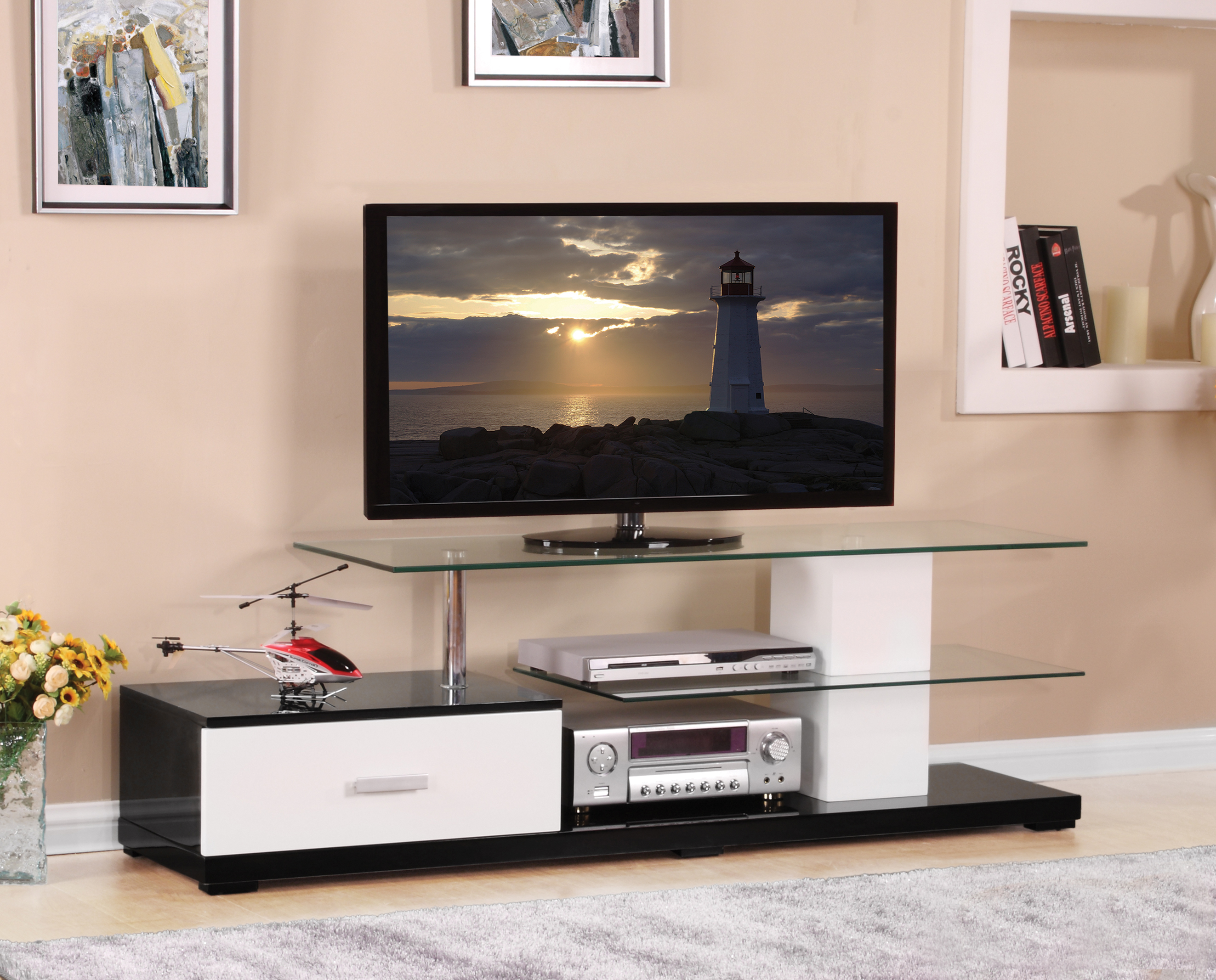 Ivana White & Black Finish TV Stand Black White