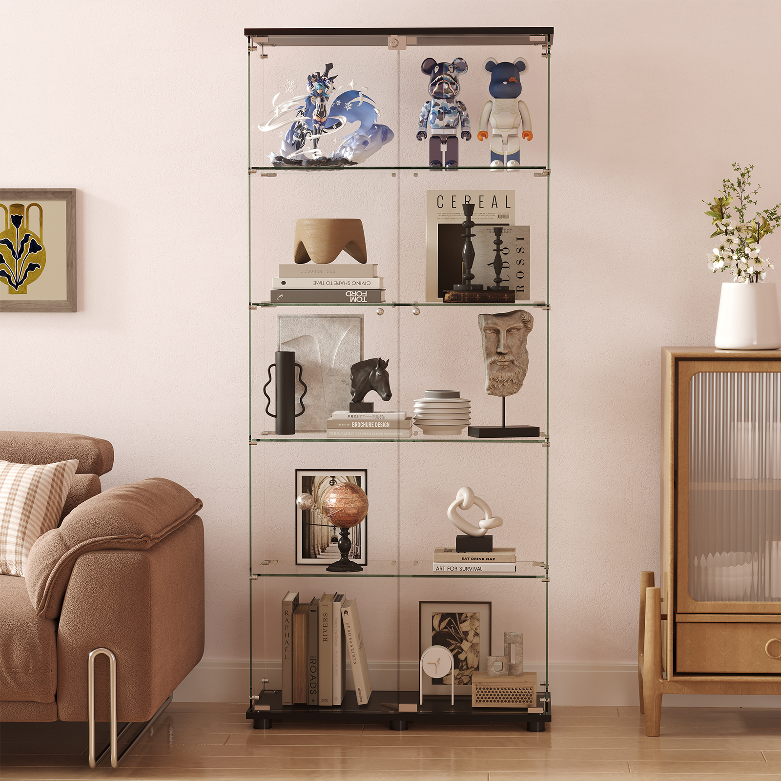 Glass Display Cabinet With 5-Shelf Double Doors And Lock, 5mm Tempered Glass Floor Standing Bookshelf For Living Room, Bedroom, Office, 72 X 32 X 14 In, Black Black And Silver