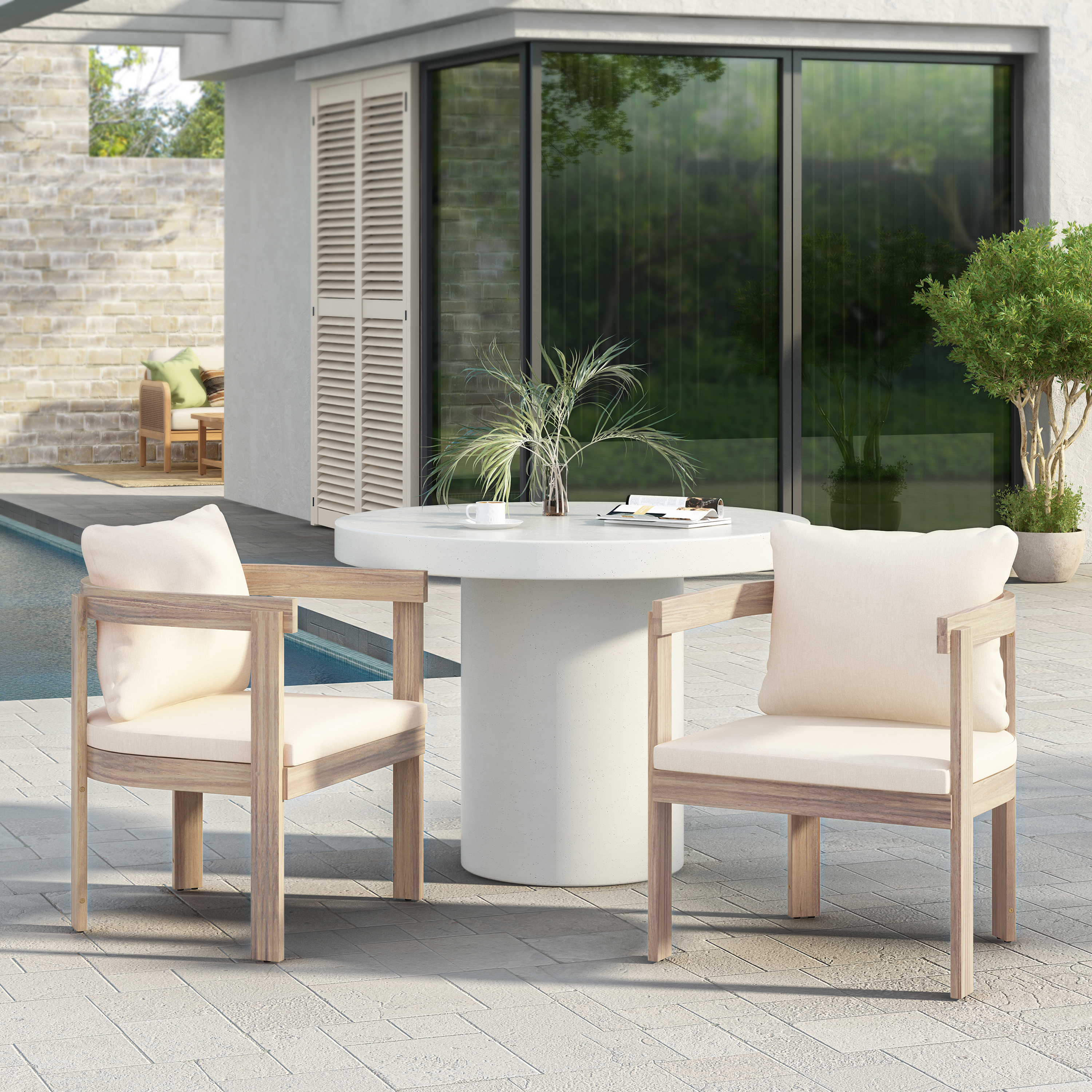Acacia Wood Dining Chairs Set Of 2, Armchairs With Cream Cushions, Barrel Accent Chair, Comfy Seating Kitchen Side Chair Set For Balcony, Backyard, Garden,Light White Cream Light White