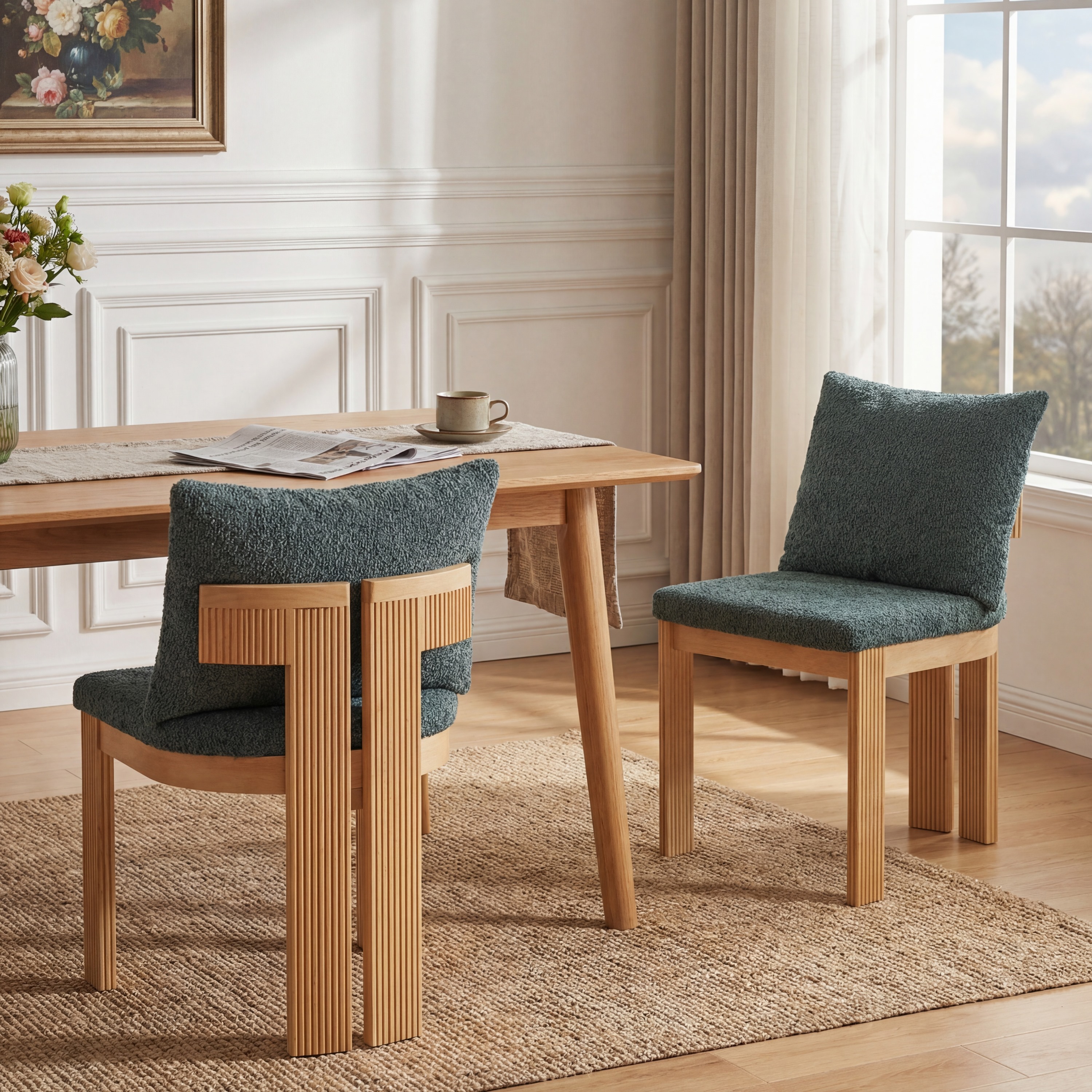Indoor Boucle Dining Chair Set Of 2, Rubber Wood Frame, Plush Green Boucle Seating, 250lbs Weight Capacity For Kitchen & Dining Room Green Natural