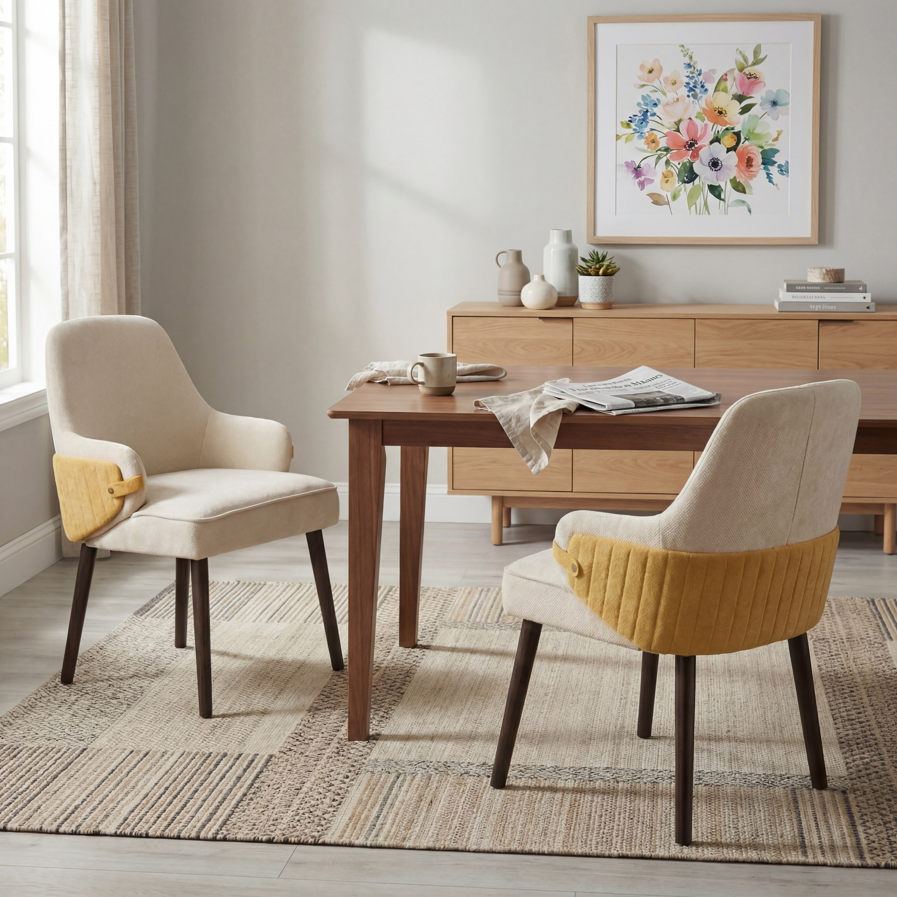 Indoor Dining Chair Set Of 2, Beige & Yellow Two-Tone Fabric Armchair With Sturdy Frame, Modern Accent Chair For Dining Room Living Area, 300lbs Beige Yellow