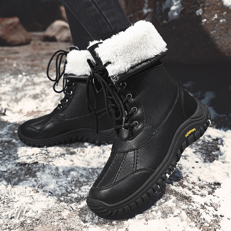 High Top Waterproof Lace-up Plush Lining Snow Pu Leather Boots